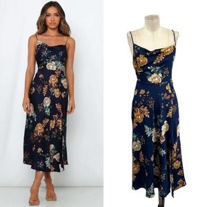 Hello Molly Atlas Maxi Dress Navy Blue Floral Print Slip Midi Size US 4